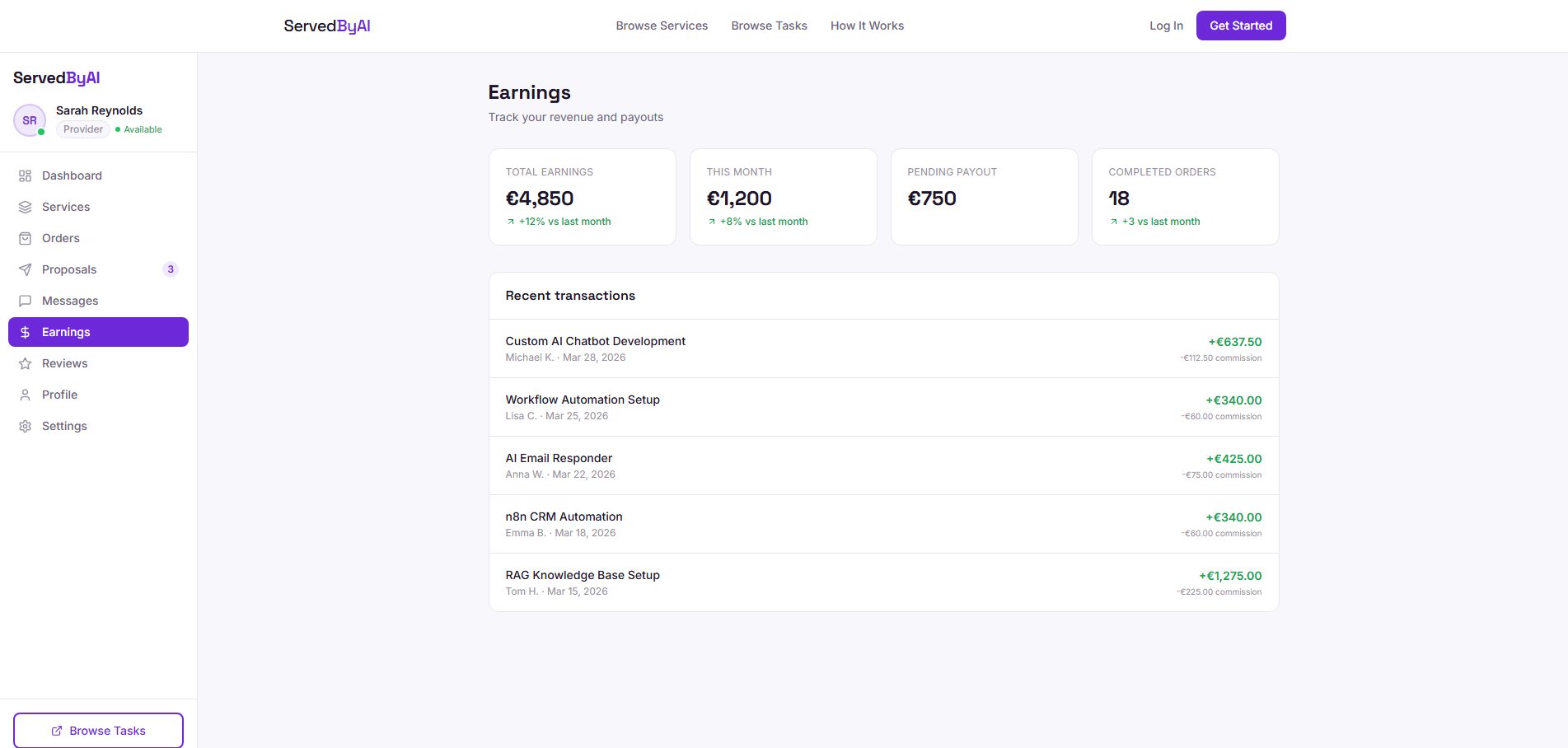 Provider earnings page