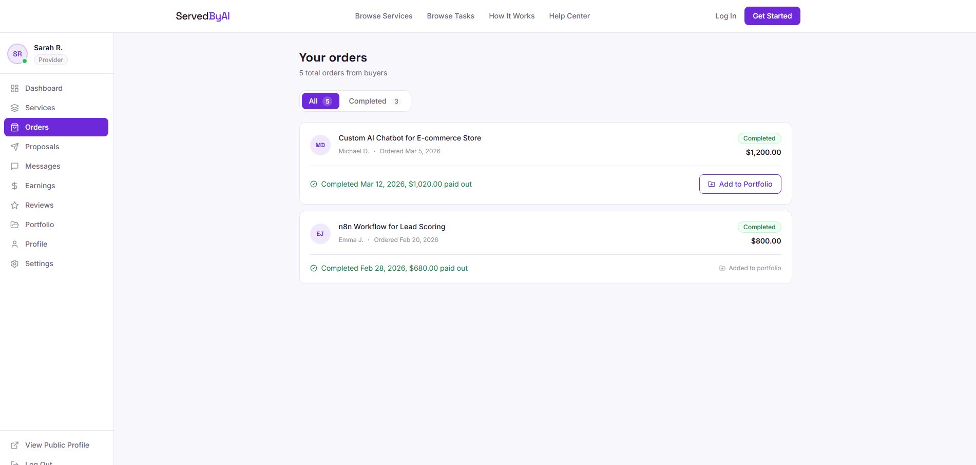 Add to Portfolio button on completed order