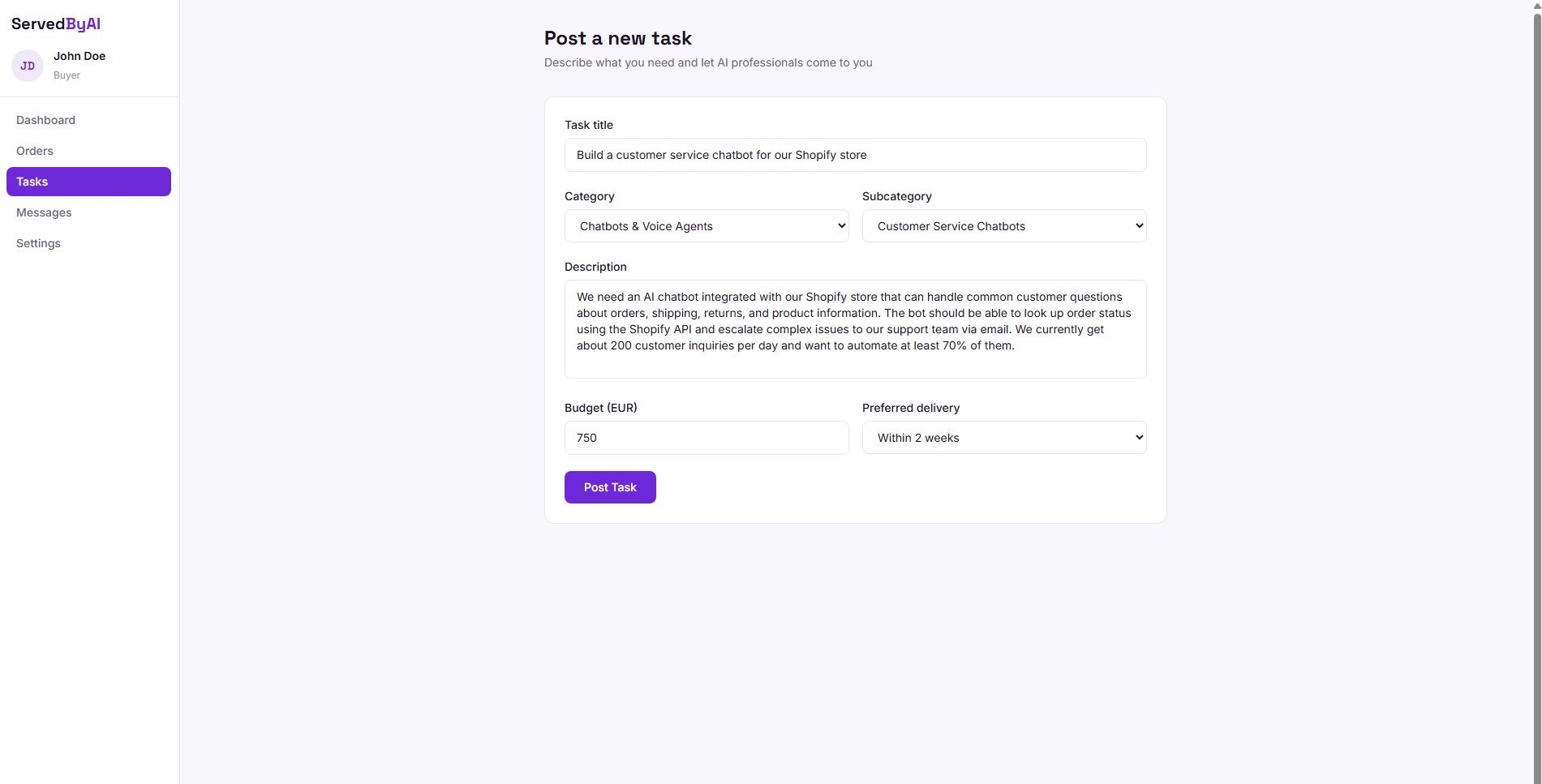 Post new task button