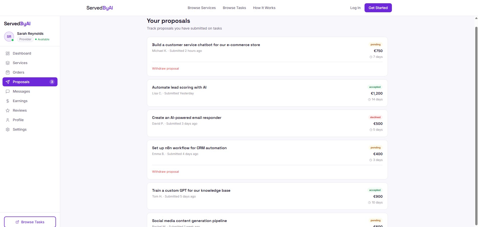 Provider proposals page