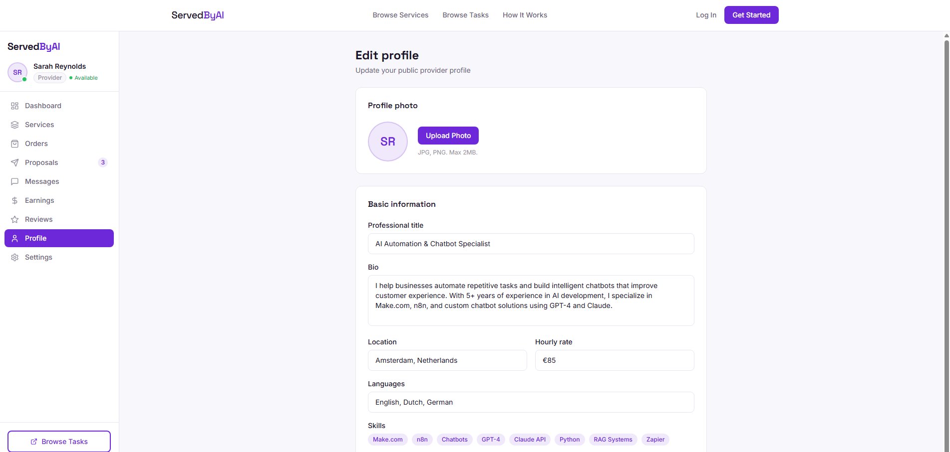 Provider profile edit page