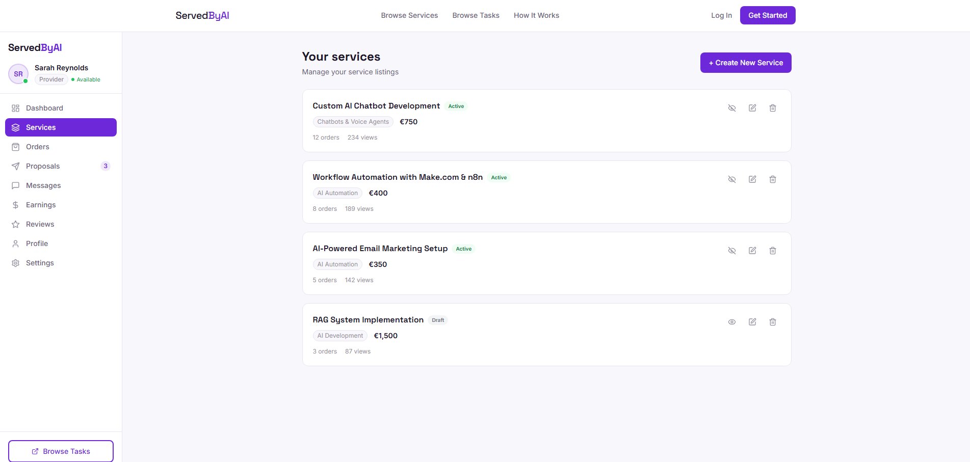 Services management page