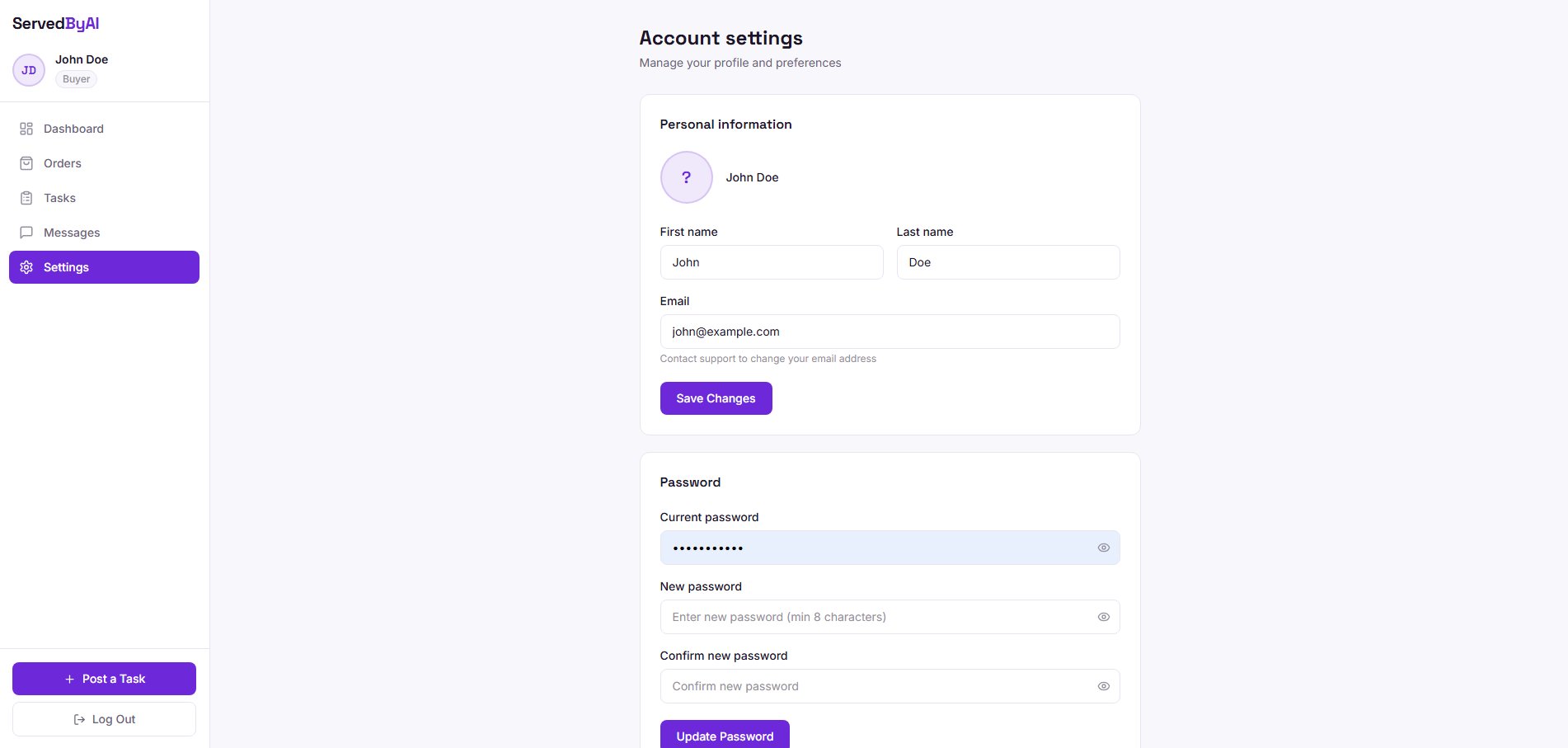 Account settings page