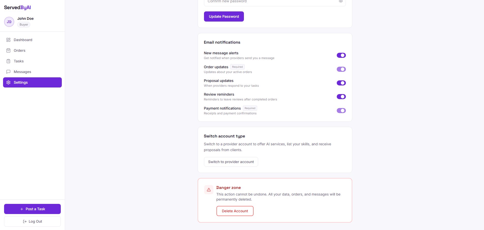 Switch role section in settings