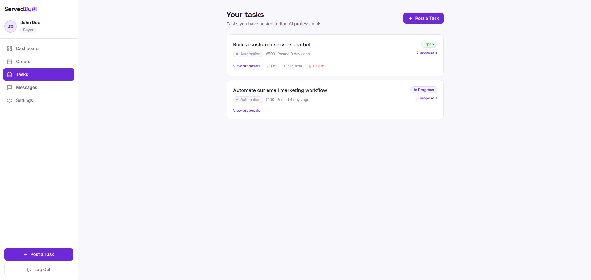 Tasks list page